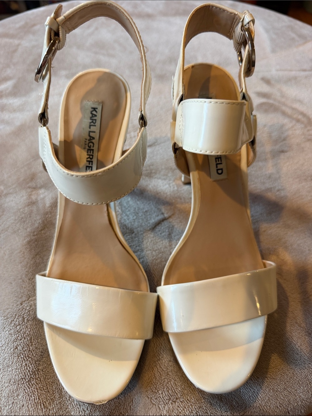 Karl Lagerfeld Cream Patent Leather Ankle-Strap Block Heel Sandals